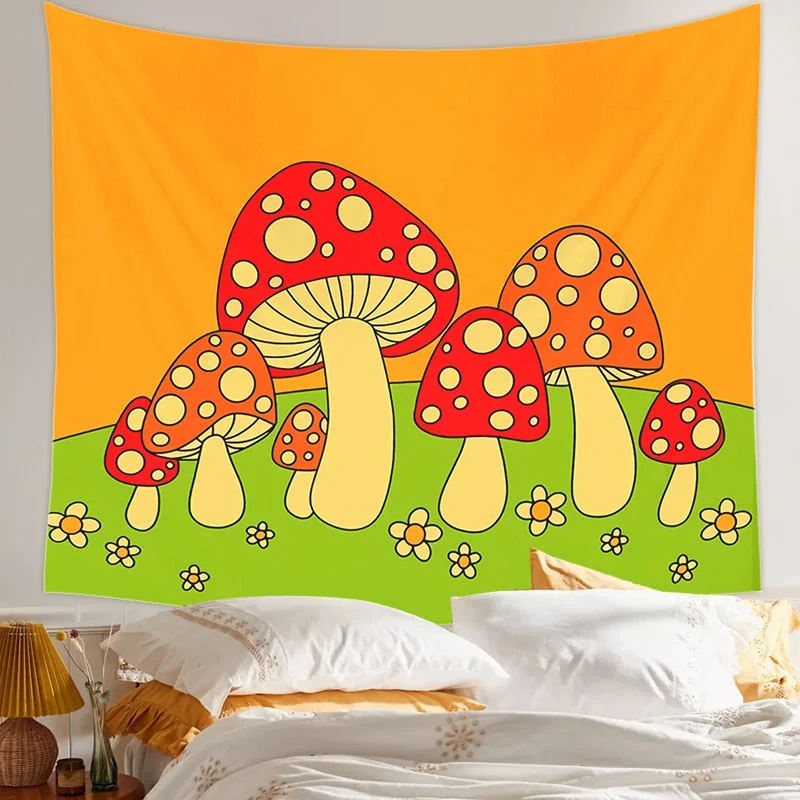 Mushroom Tapestry Wall Decor Girls Dorm Room Wall Hanging Aesthetic Room Let's Take a Try Psychedelic Wall Decoration INS Print