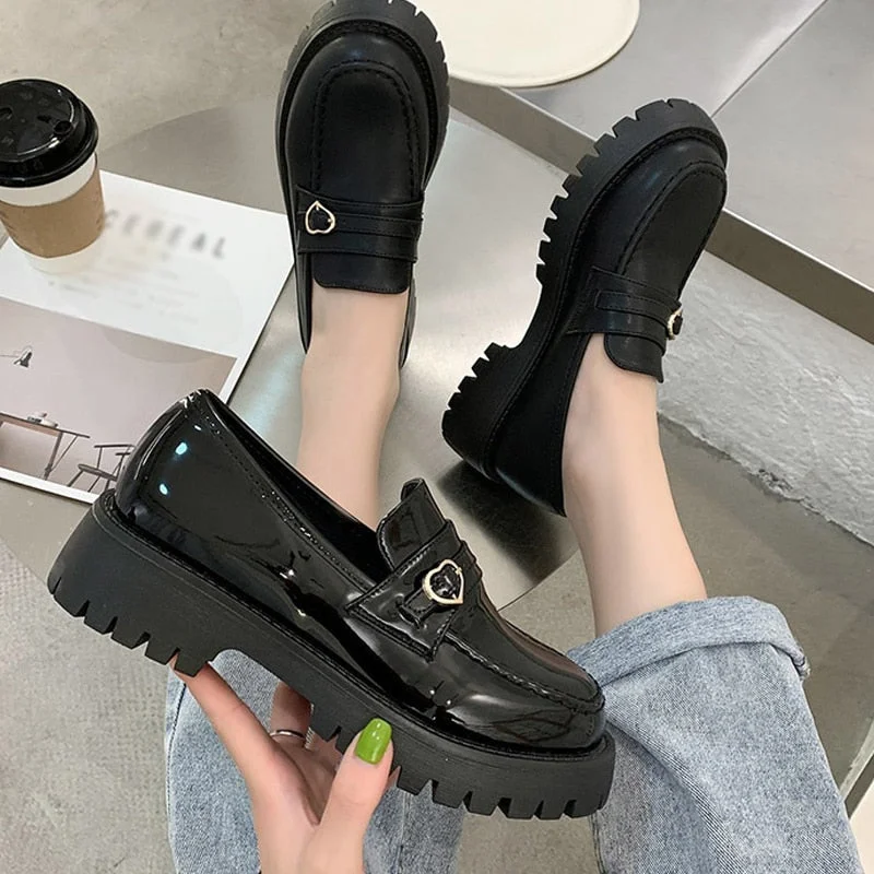 Vstacam 2022 Sweety Women Solid Black PU Leather Loafers Zapatos De Mujer Female Casual Slip On Chunky Heels Round Toe Platform Shoes