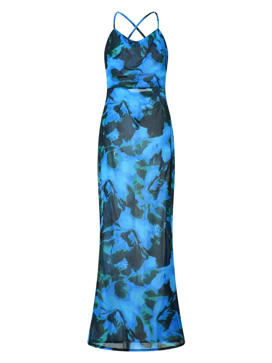 Oocharger Blue Tie-dyed Suspender Beach Long Dress Women's Summer Backless High Slit Wrapped Dress Beach Holiday Party Sundress