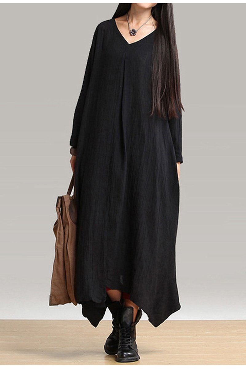 Fall Plus Size Maxi Black Linen Dress Q1656