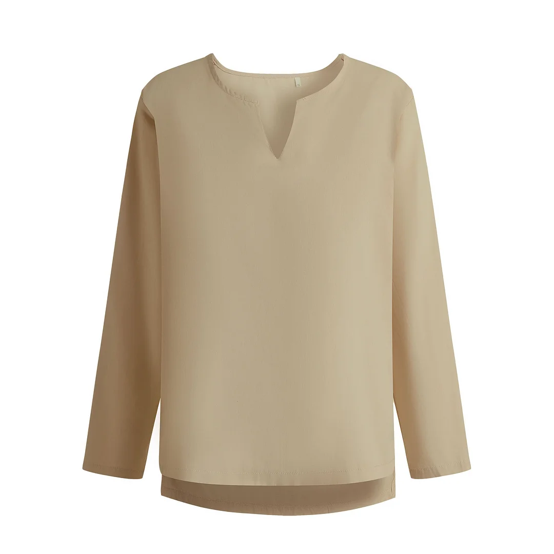 Uveng Uveng 2025 Men's Youth Chinese T-Shirt Cotton And T-Shirt Pure Color Loose Clothes Chinese Style V-Neck Men's Long-Sleeved Shirt