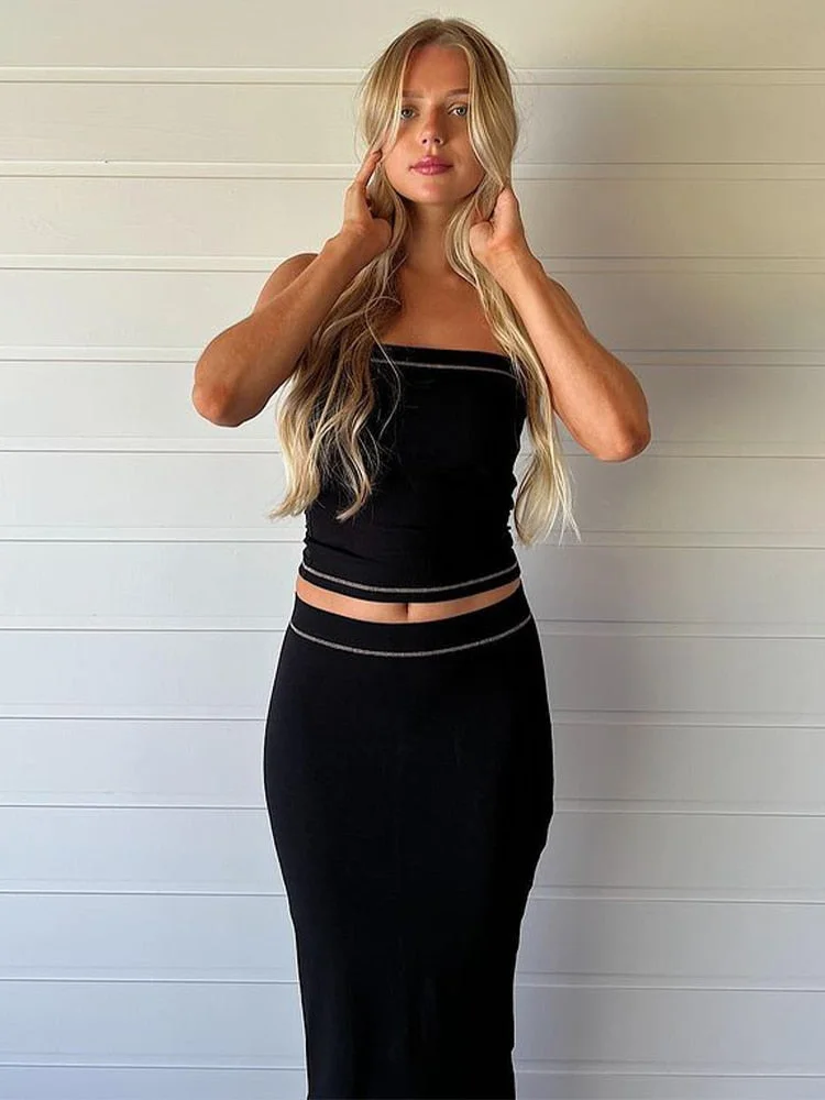 Jacuqeline 2022 Sexy Elegant y2k Split Midi Skirt Sets Women Summer Beach Off Shoulder Tube Tops and Long Dress Set Party Club