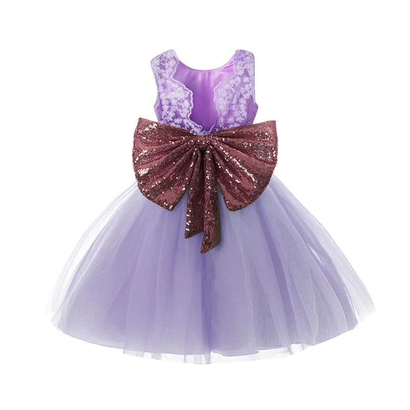 Rainbow Color Princess Party Dress For Girls Big Bowknot 1 Year Old Birthday Costume Luxury Shining Sequined Girl Frocks Dress