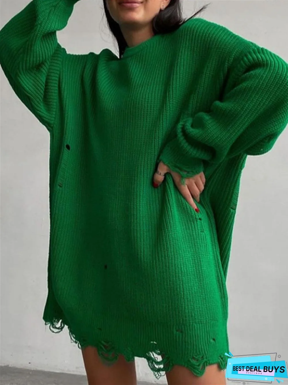 Temperament Commuting Long Sleeve Round Neck Thick Needle Hem Irregular Knitting Sweater Dress