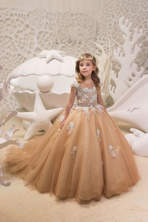 Oknass Beautiful A-line Bateau Train Flower Girl Dress Tulle with Lace Sequins Appliques 
