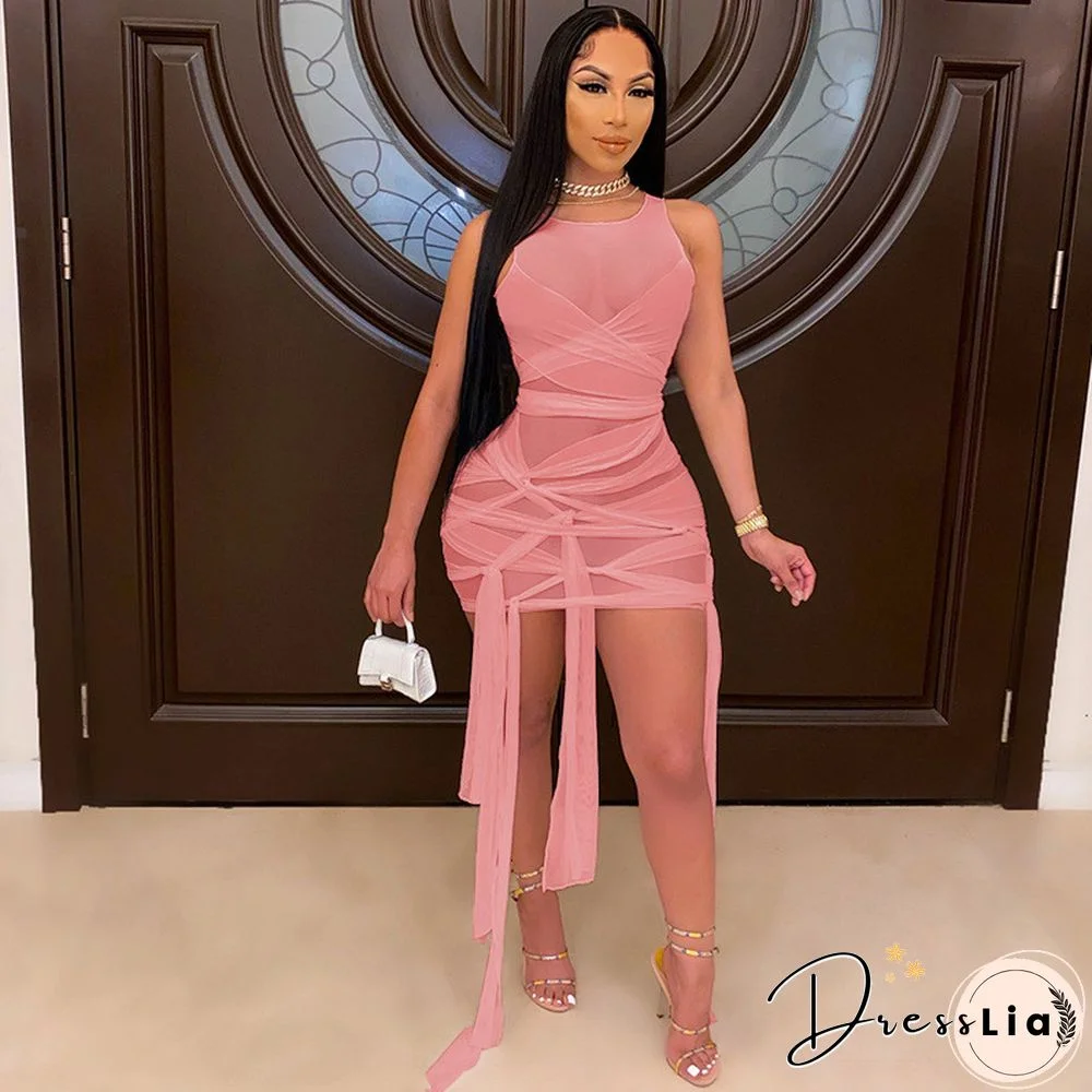 ANJAMANOR Sexy Mesh Bandage Dress Summer ClothesFor Women Birthday Party Club Outfits Bodycon Mini Dresses D12-BI30