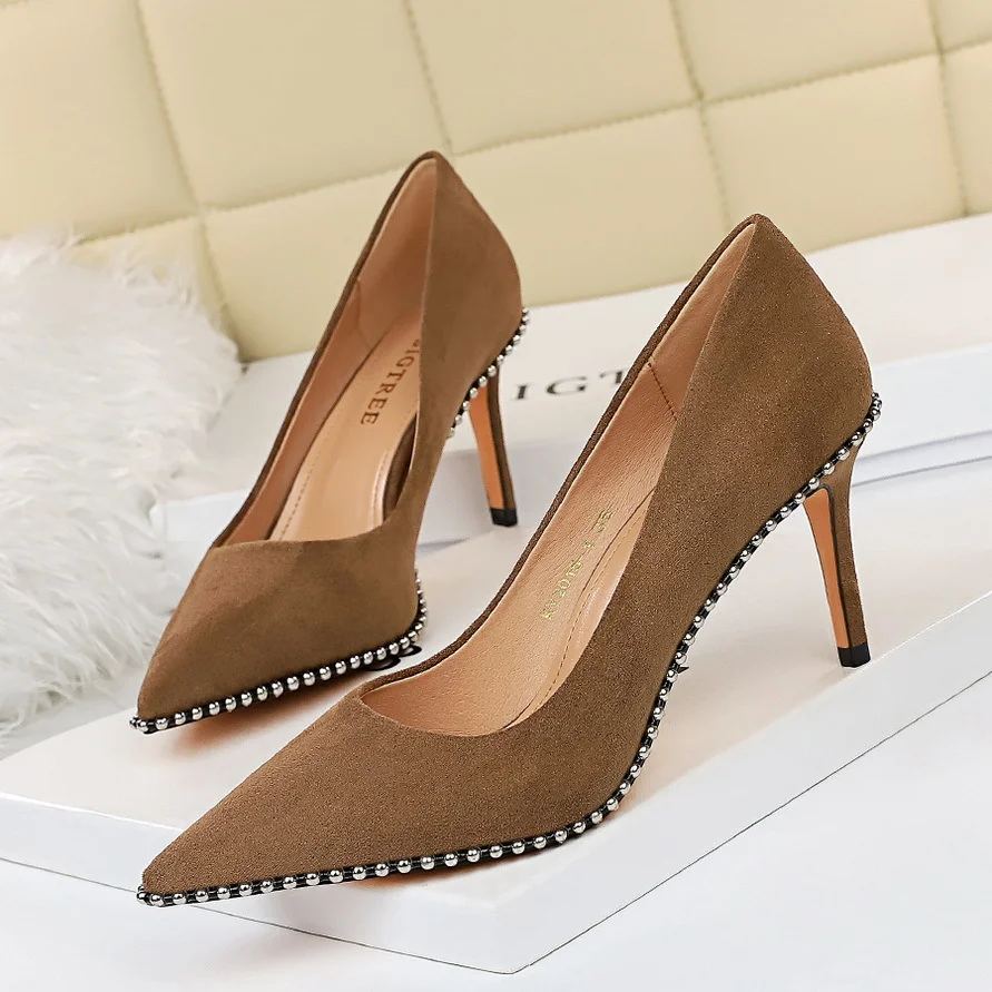 Colourp Colourp Sexy Nightclub Show Slim Ultra Thin With Fine Heel Suede Shallow Metal Chain Pointed Women's Single Shoes
