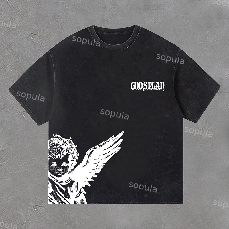 Sopula Vintage Angel God's Plan Print Washed T-Shirt - SOPULA