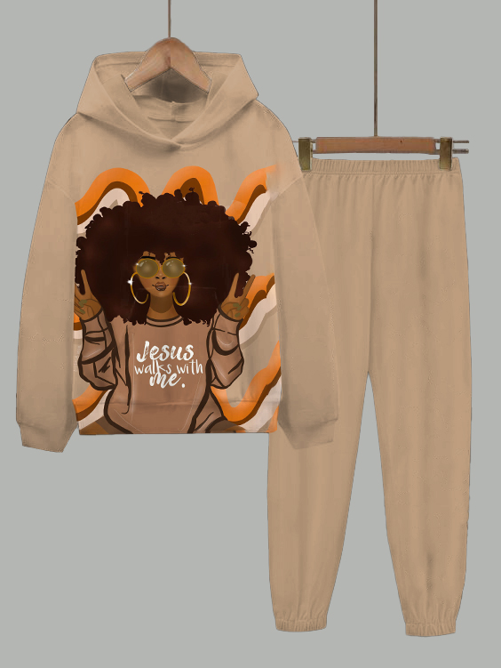 Jesus Walks with Me Long Sleeve Hoodie Two Pieces Set