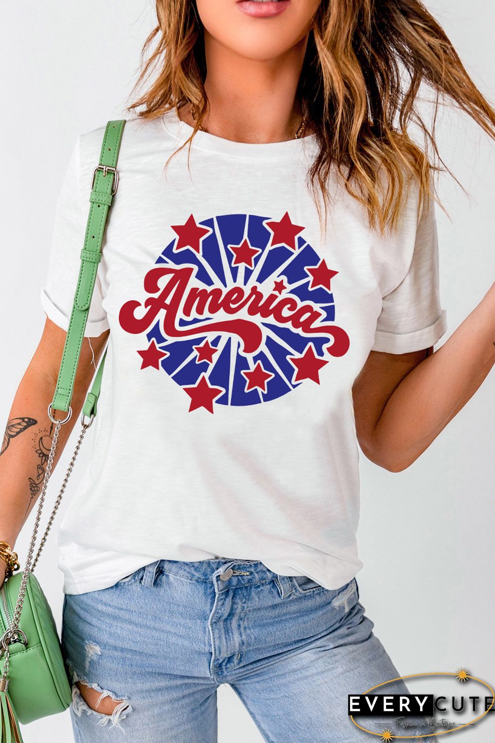 White America Stars Pattern Print Short Sleeve Graphic Tee