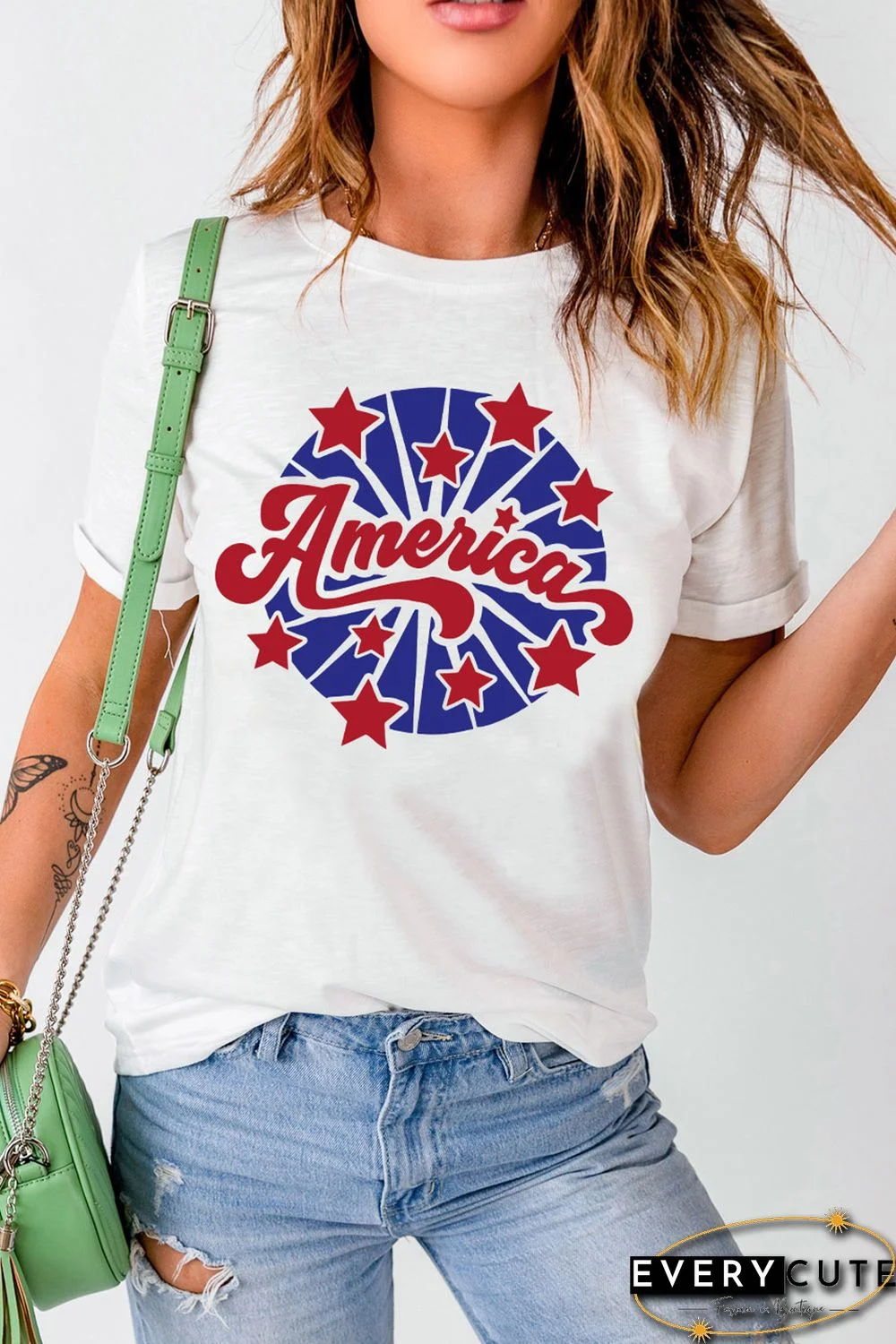 White America Stars Pattern Print Short Sleeve Graphic Tee
