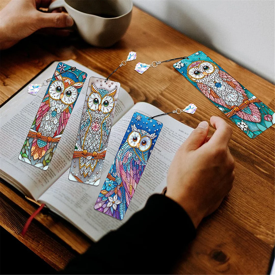 12Pcs Owl DIY Diamond Painting Bookmark with Crystal Pendant for Book Decor