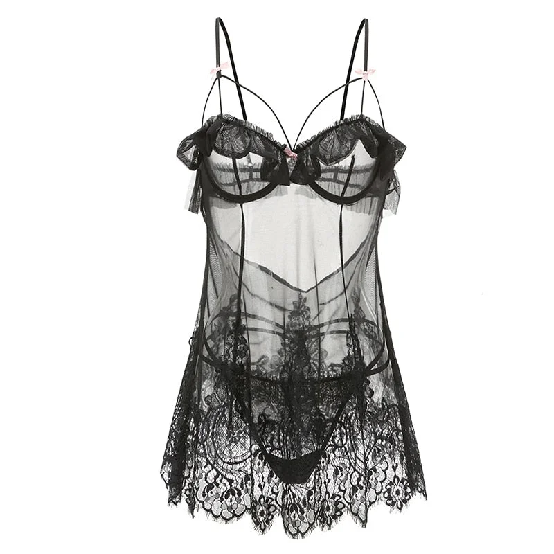 French Sexy Pyjamas Summer Lace Ruffles Small Chest Perspective Sling Sleeping Dress 2PCS Pajama Set for Women Dropshipping