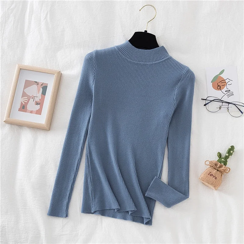 Zoki Autumn Women Pullover Sweater Half Turtleneck Long Sleeve Knitted Jumper Winter Elastic Solid Basic Ladies Blouse New 2021