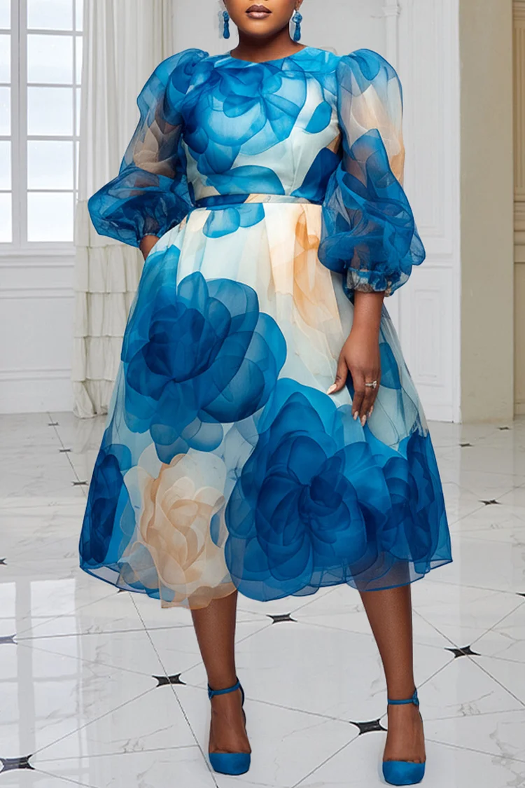 Xpluswear Design Plus Size Cocktail Party Light Blue Round Neck Puff Sleeve 3/4 Sleeve Pocket Organza Midi Dresses Light Blue-2XL/18-20