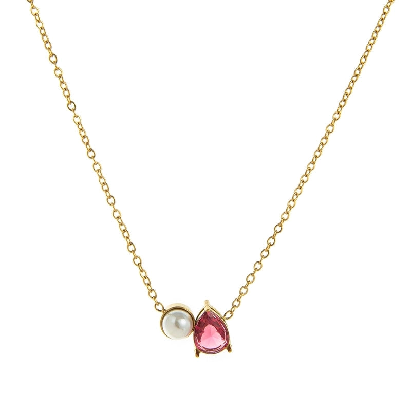 Retro Shiny Water Droplets Titanium Steel Pearl Zircon 18K Gold Plated Inlay Necklace