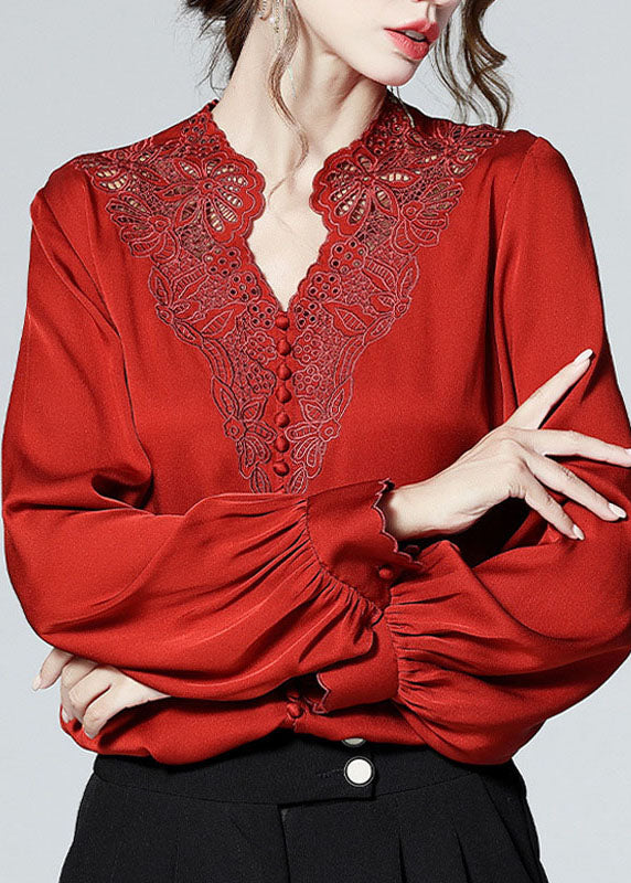 VCSHOES Red V Neck button Embroideried Patchwork Silk Shirt Top Spring