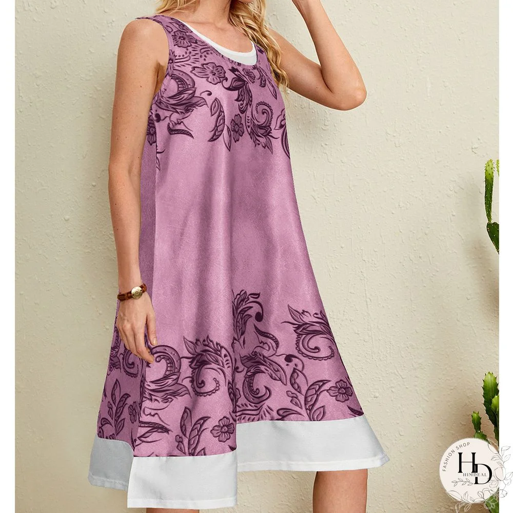 Short Hanging Bandwidth Loose Waist Pink Printed Large Swing Dress for Women