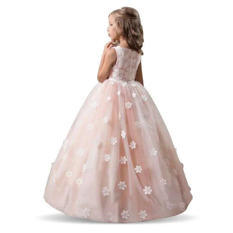 White Flower Girls Dresses For Wedding Tulle Lace Long Girl Dress Party Christmas Dress Children Princess Costume For Kids 12T