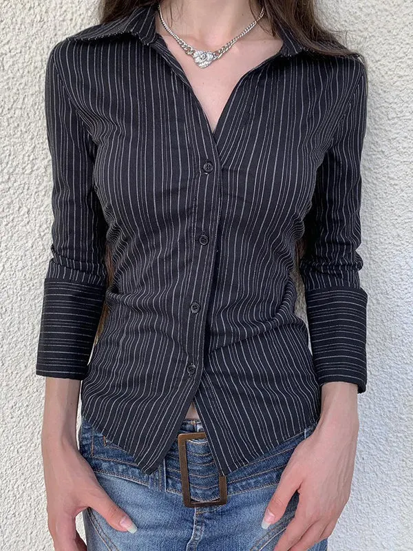 Brownm Vintage Stripe V Neck Slim Fit Long Sleeve Shirt