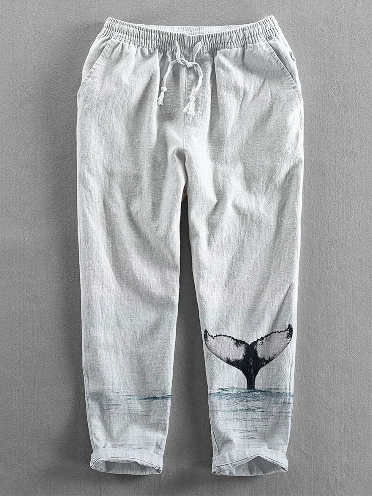 Whale Tail Art Print Linen Blend Casual Pants