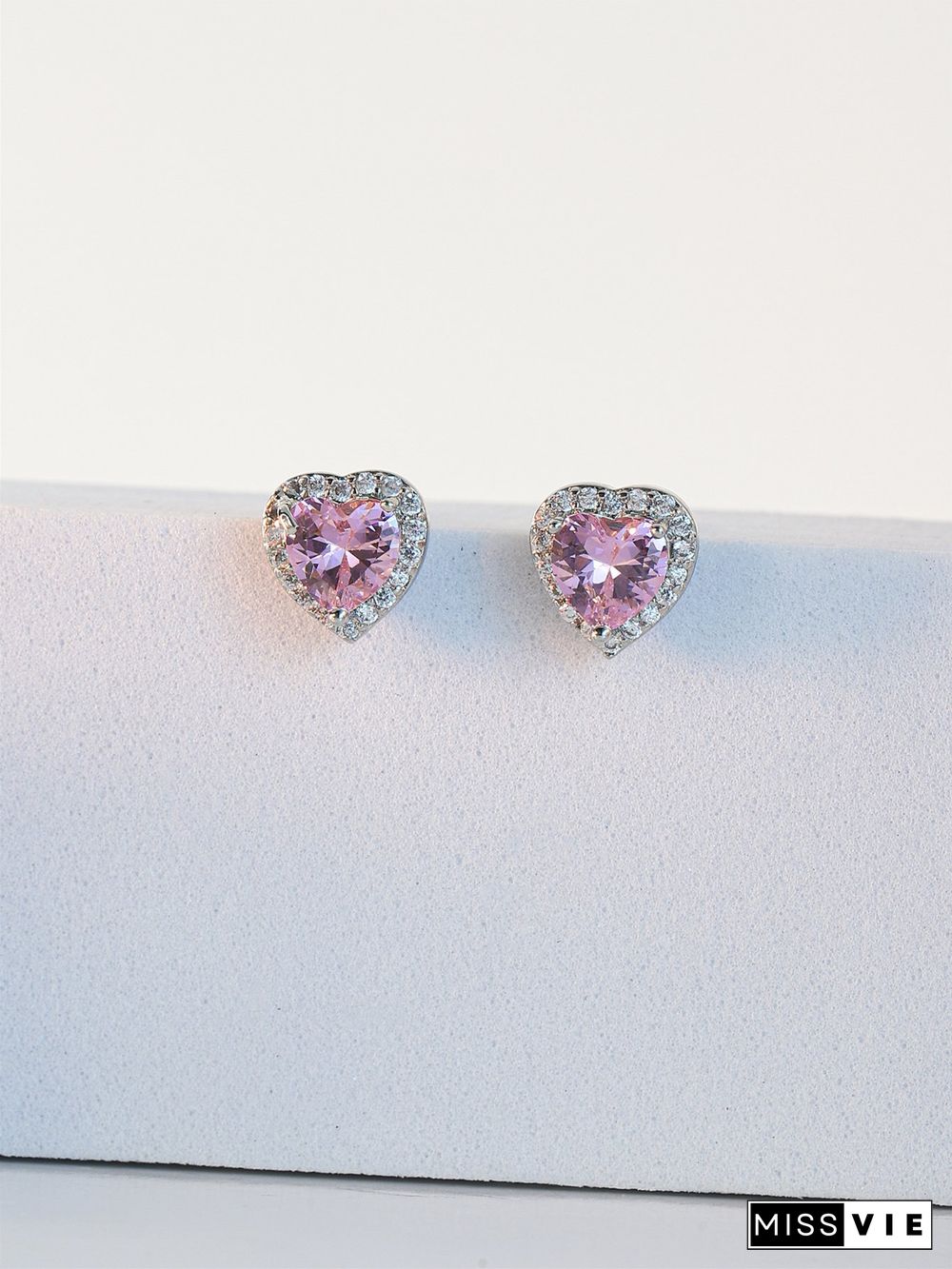 Full Diamond Pink Zircon Heart Stud Earrings Commuter Jewelry