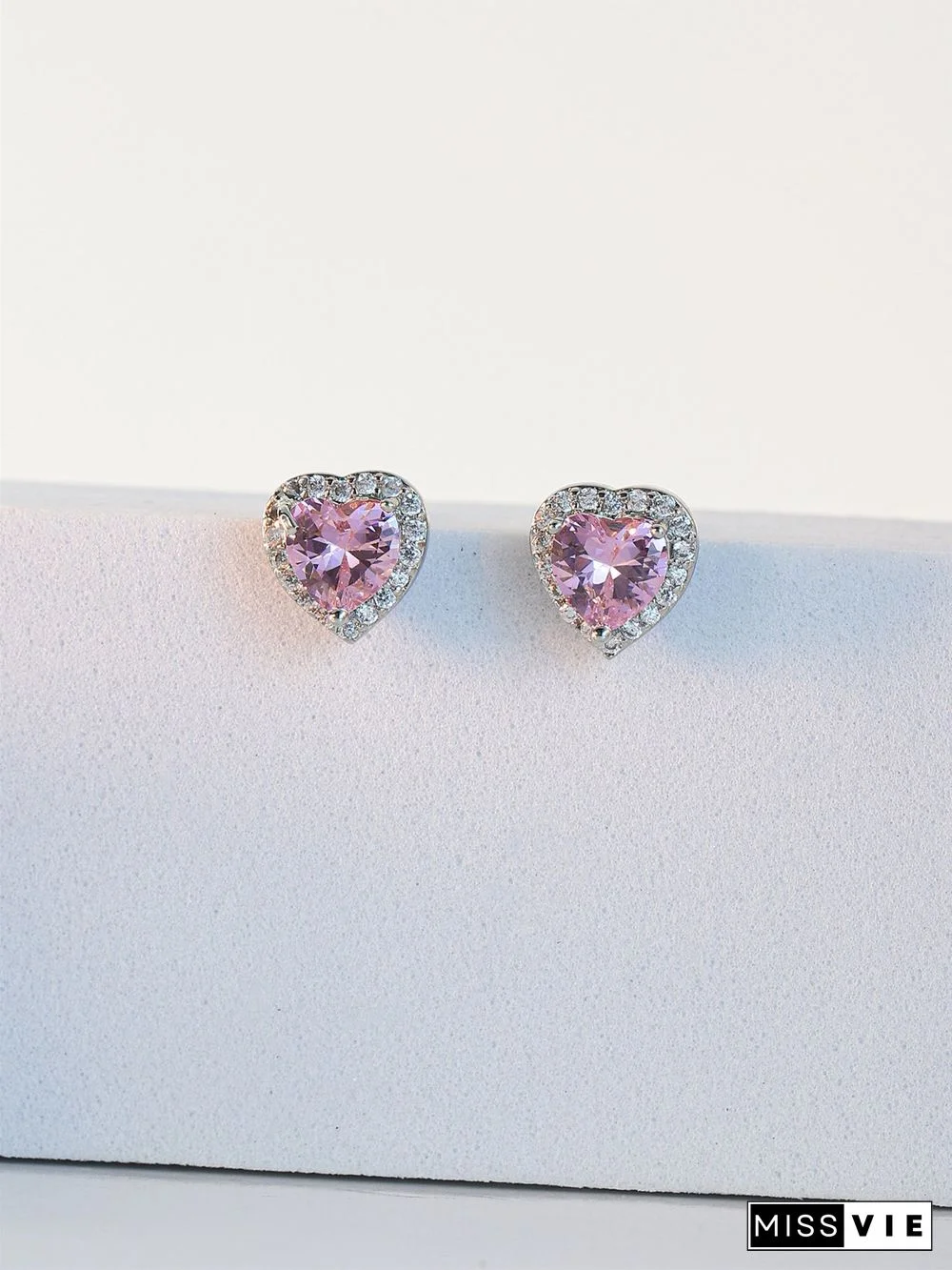 Full Diamond Pink Zircon Heart Stud Earrings Commuter Jewelry
