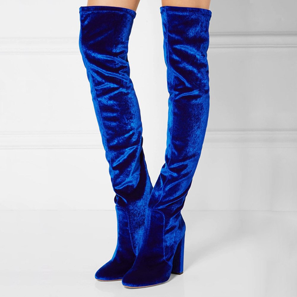 Blue Suede Knee Boots Chunky Heel Simple Design Over The Knee Boots Nicepairs
