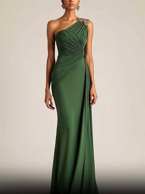 One-Shoulder Ruched Floor-Length Dress