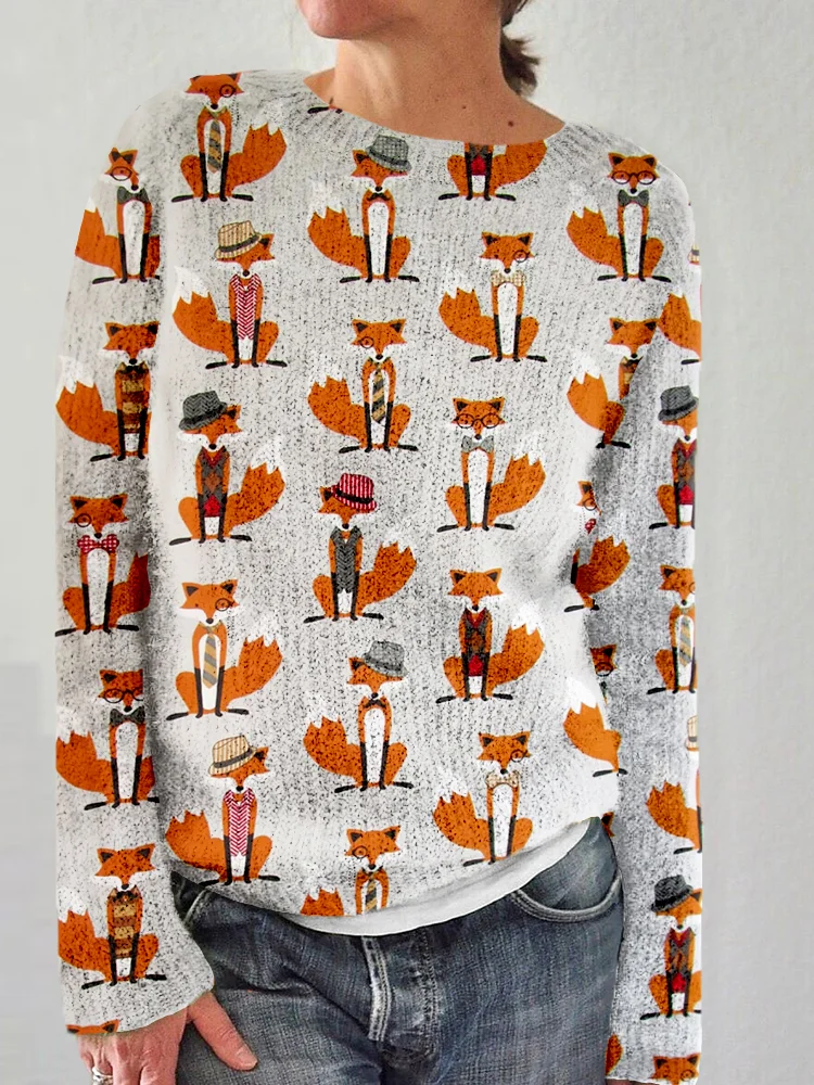 Dapper Foxes Pattern Crew Neck Comfy Sweater