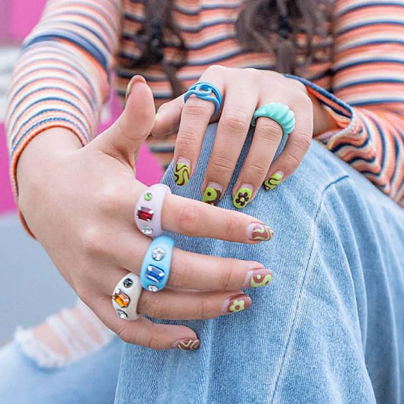 Dvacaman 2021 New Trendy Colorful Dripping Oil Resin Rhinestone Geometric Rings Hand-Painted Open Rings for Women Party Jewelry