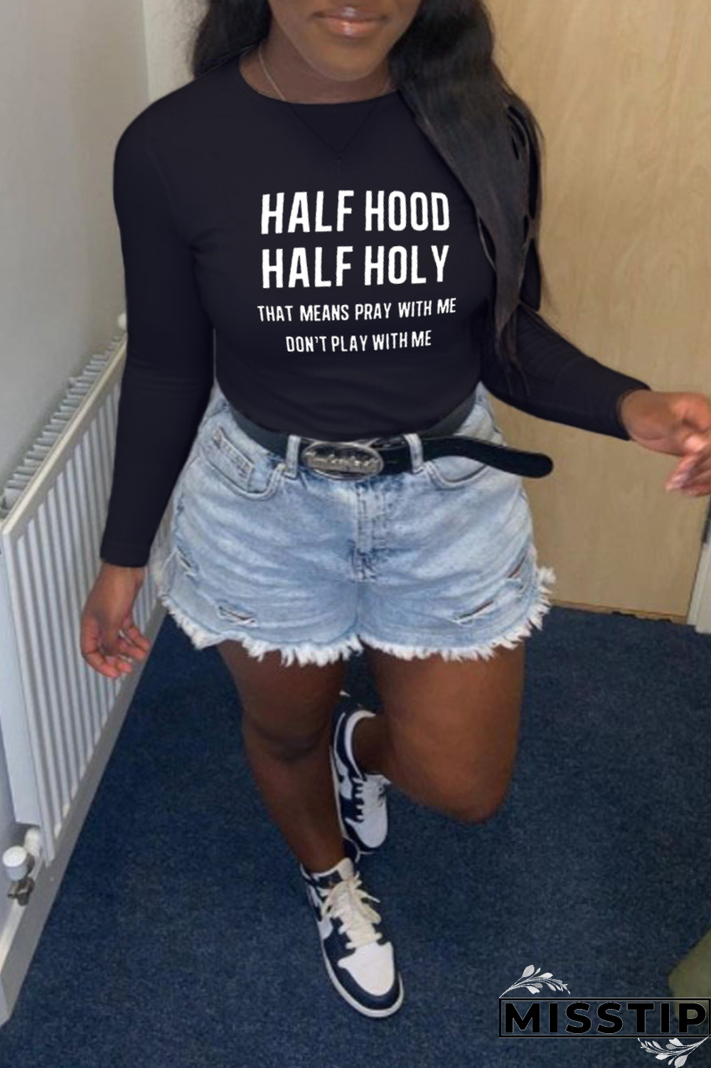 Black Fashion Street Print Letter O Neck Tops