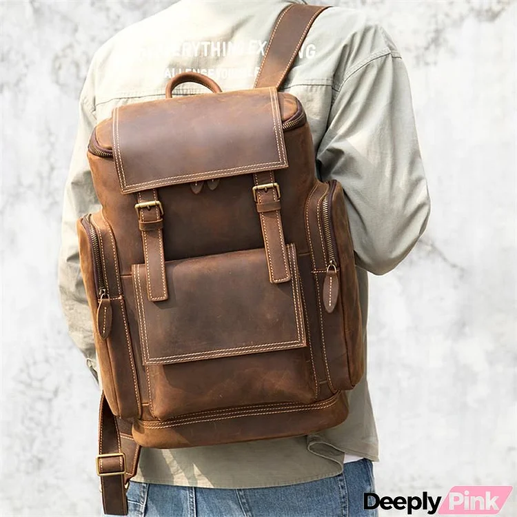 Mens Large Capacity Retro Leather Travelling School Durable Backpack