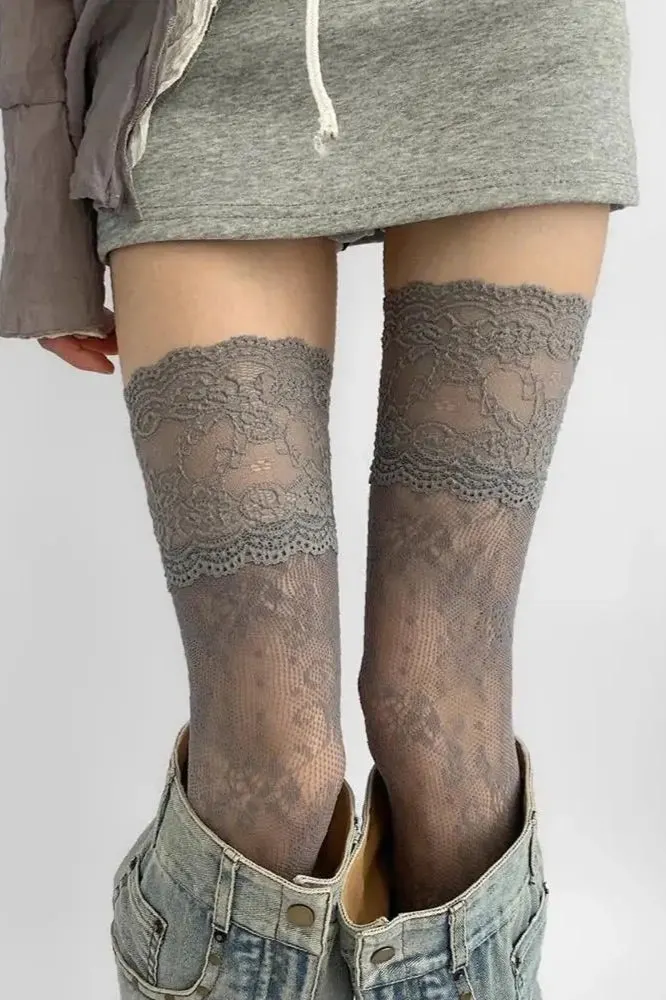 Lace Trim Y2K Floral Fishnet Over Knee Mesh Socks