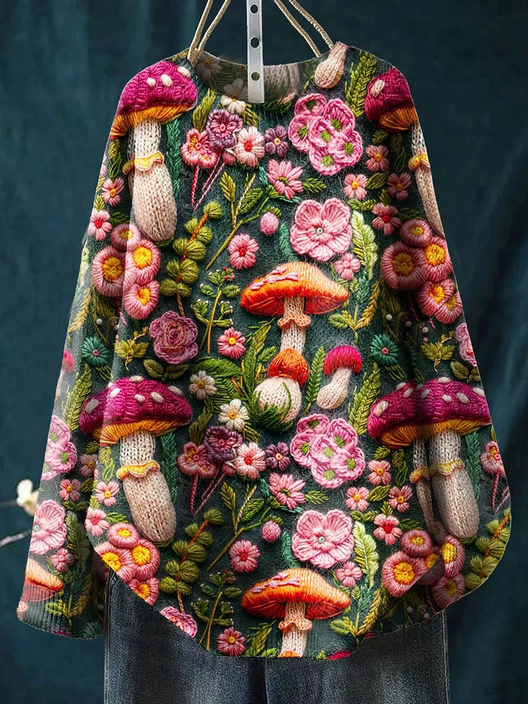 Vintage Mushroom Flower Seamless Pattern Print Knit Pullover Sweater