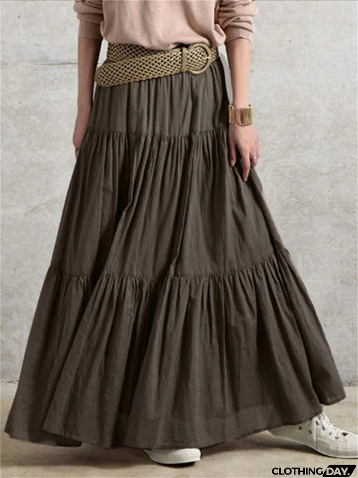 Women's Vintage Casual Elastic Waist Ruffle Long Skirts
