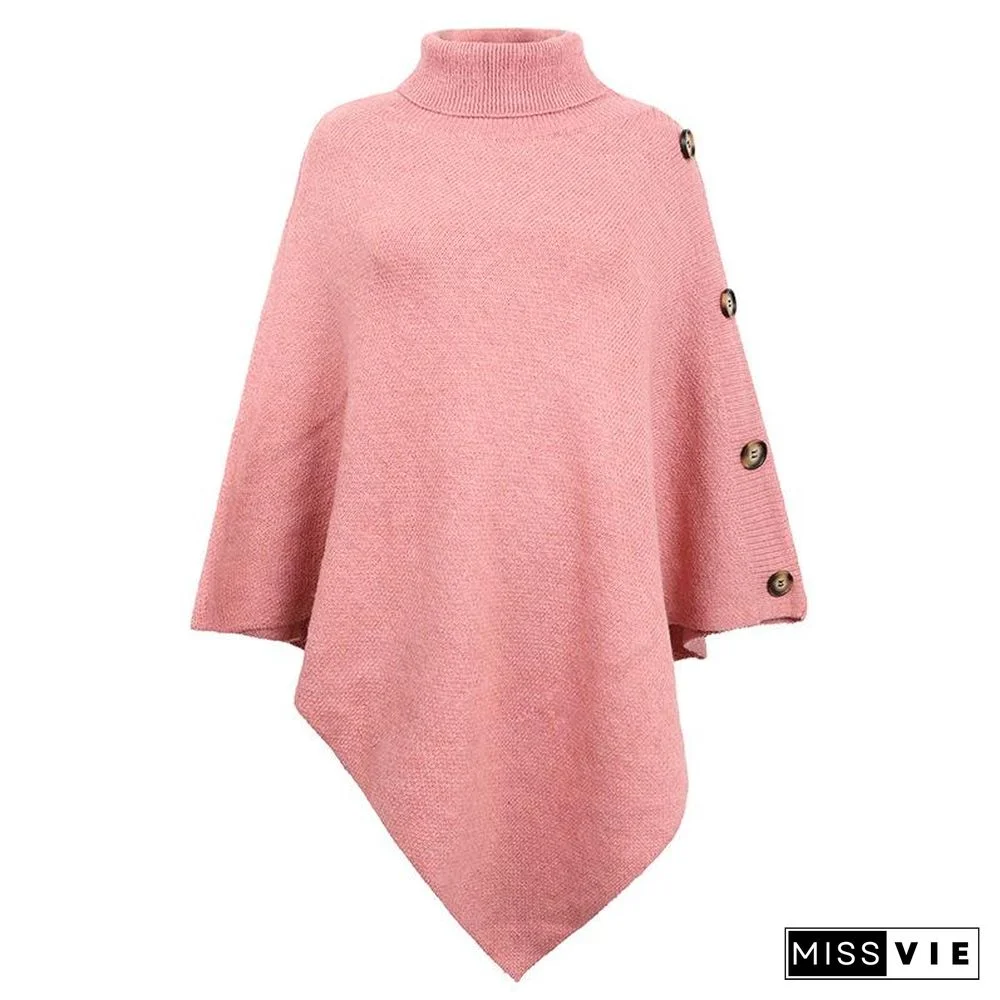 High Neck Plain Button Embellished Sweater Shawl