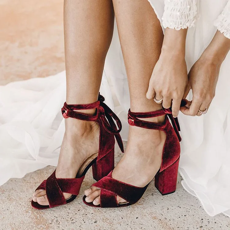 Burgundy Velvet Block Heel Sandals Elegant Strappy Bridal Shoes |FSJ Shoes