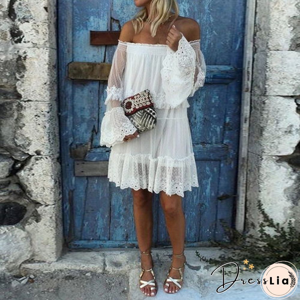 Damen Langarm Off Shoulder Kleid Ballkleid Lace Prom Sexy Holiday Strandkleid