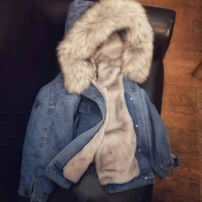 Winter Warm Big Fur Collar Korean Locomotive Lamb Coat Female Solid Student Short Coat Velvet Thick Denim Jacket Female 16760