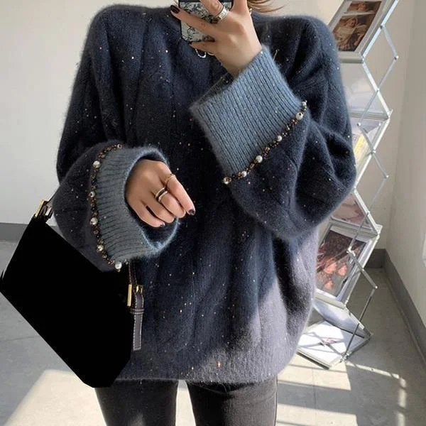 Chic Grey O-neck Sequins Long Sleeve with Beaded Knit Sweater