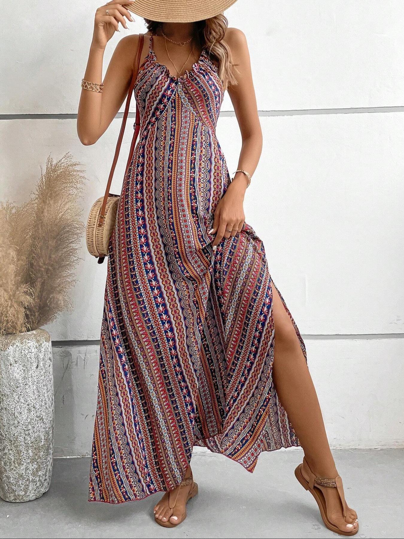 Women's Printed Split Long Sleeveless Dress, Classic Stripe Design, Backless Criss Cross Strap, Spring Summer Fall Wear, Casual Boho Elegant Bohemian Style Womenswear