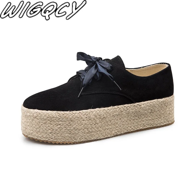 2022 Spring/Autumn Shoes Woman Canvas Bottom Flats Fashion Ladies Espadrille Shoes Girls Lace Up Round Toe Casual Wedge Sneakers