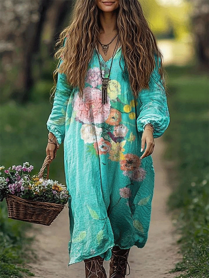Women's Vintage Floral Pattern Print Loose V Neck Pocket Cotton Dress