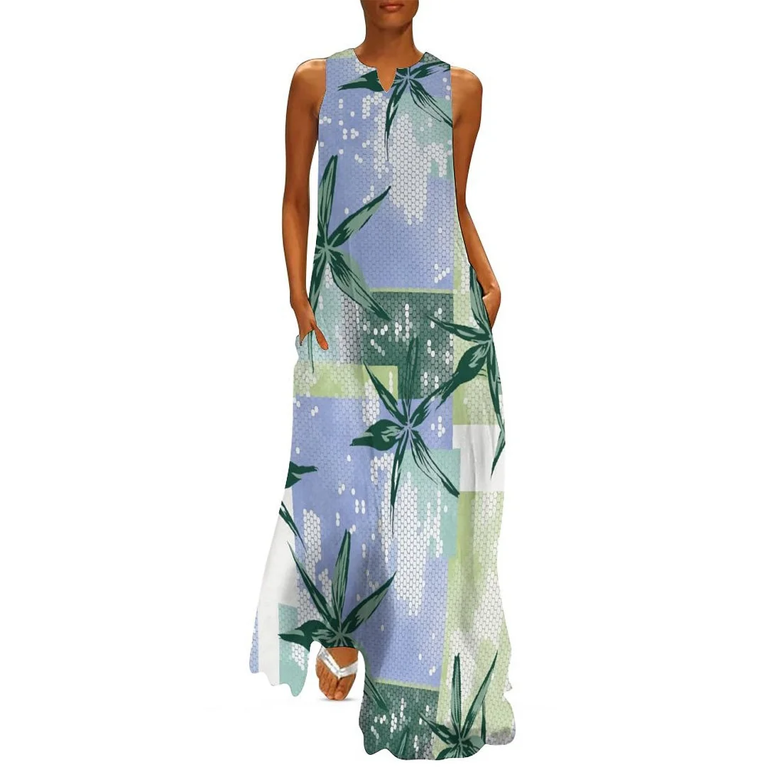 Style & Comfort for Mature Women Plus Size Printed Sleeveless Casual Women Maxi Dress with Pockets in Pattern Leaf, Green, Blue