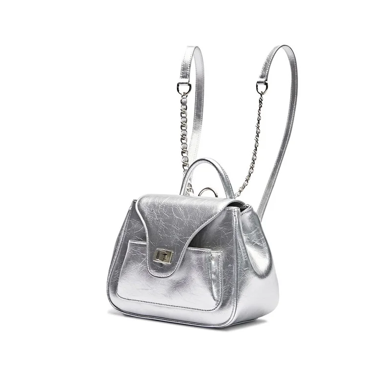 Pongl Pongl This Year's Popular Net Red Chain Backpack Korean Version Of The Small Silver Oil Wax Skin College Students Class Small Backpack