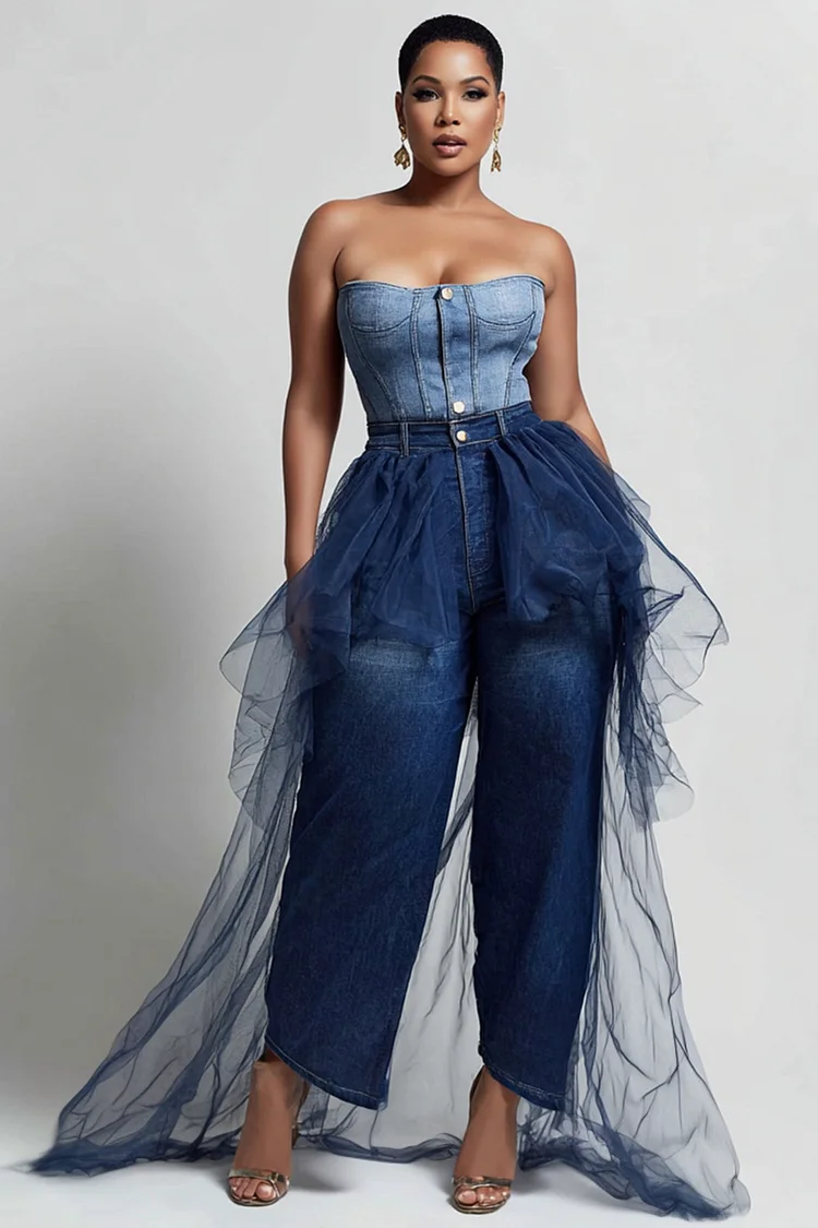 Xpluswear Design Plus Size Festival Blue With Skirt Overlay Casual Ruffle Tulle Denim Jeans [Pre-Order]