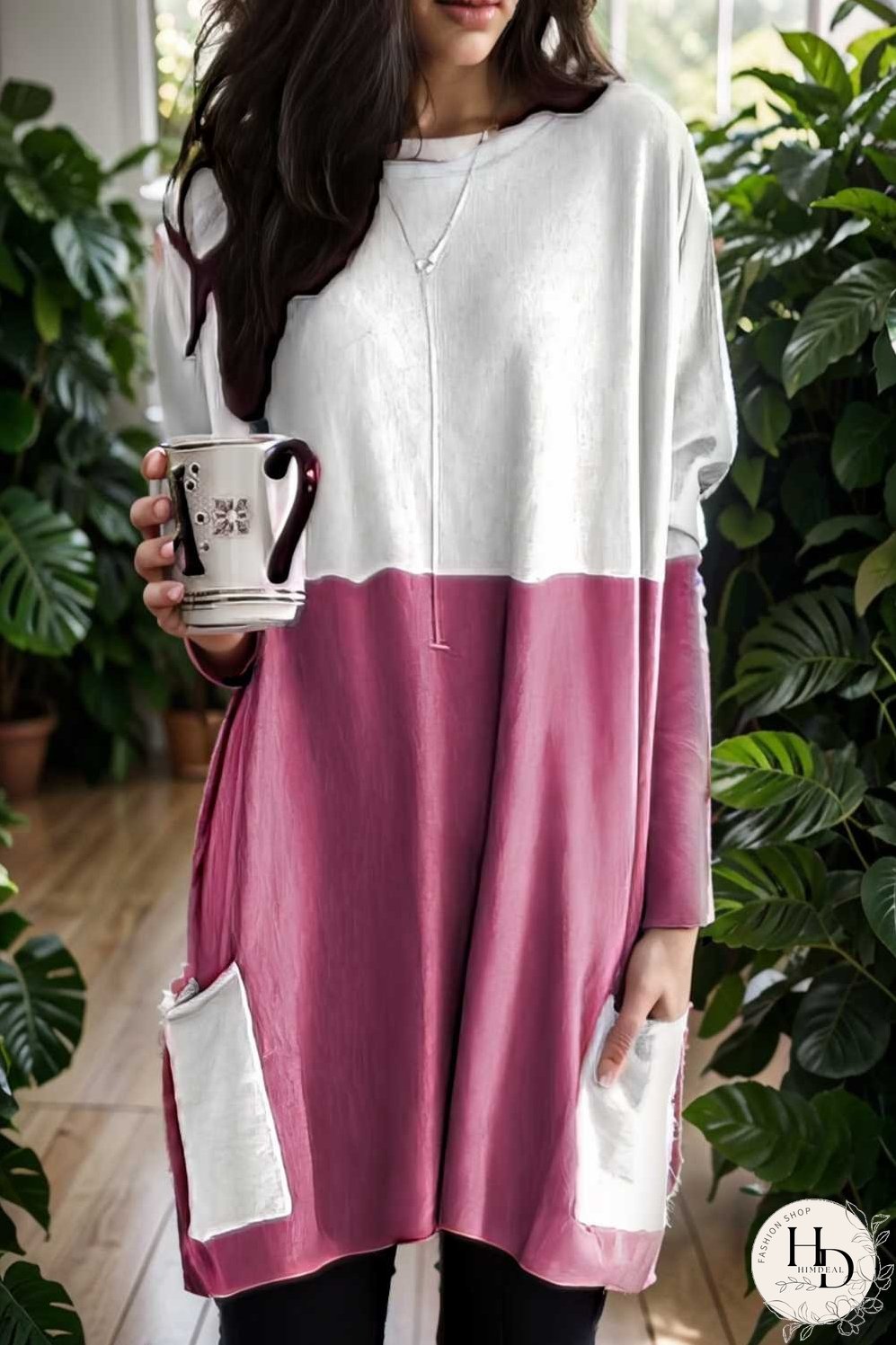 two color stitching pocket loose long sleeve t shirt