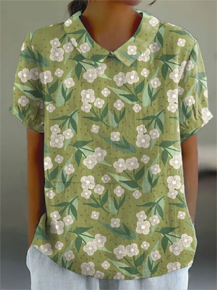 Women's Vintage Flower Print Casual Cotton And Linen Shirt