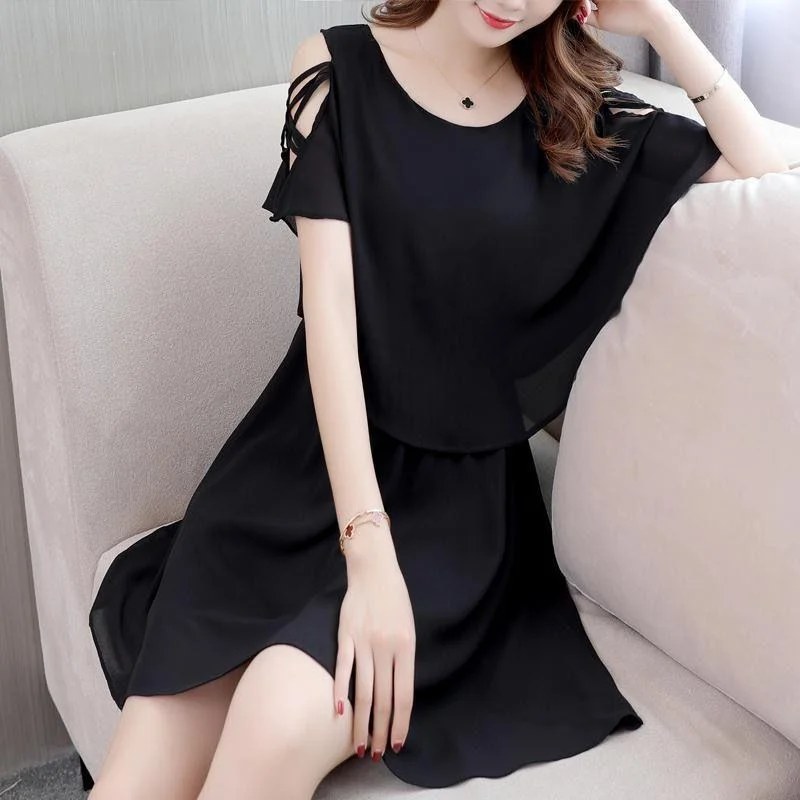 Black Pink White Color Summer Chiffon Women Dress Temperament Plus Size Female Dresses